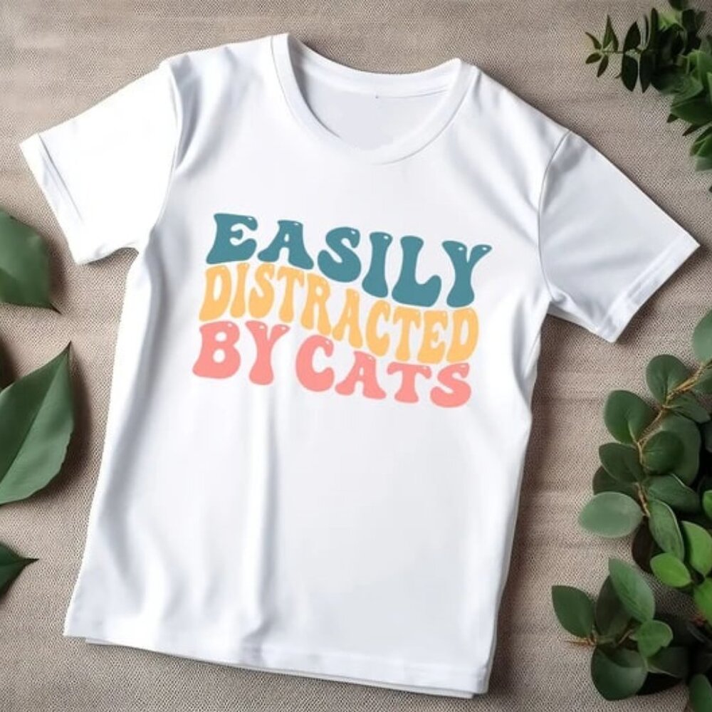 Easily Distracted By Cats Shirt for Cat Lovers, Cute Gift, Graphic Cat Shirt